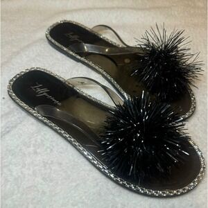 Luffynana Womens Black Jelly Thong Sandals Rhinestone Pom Pom Flip Flops Size 8
